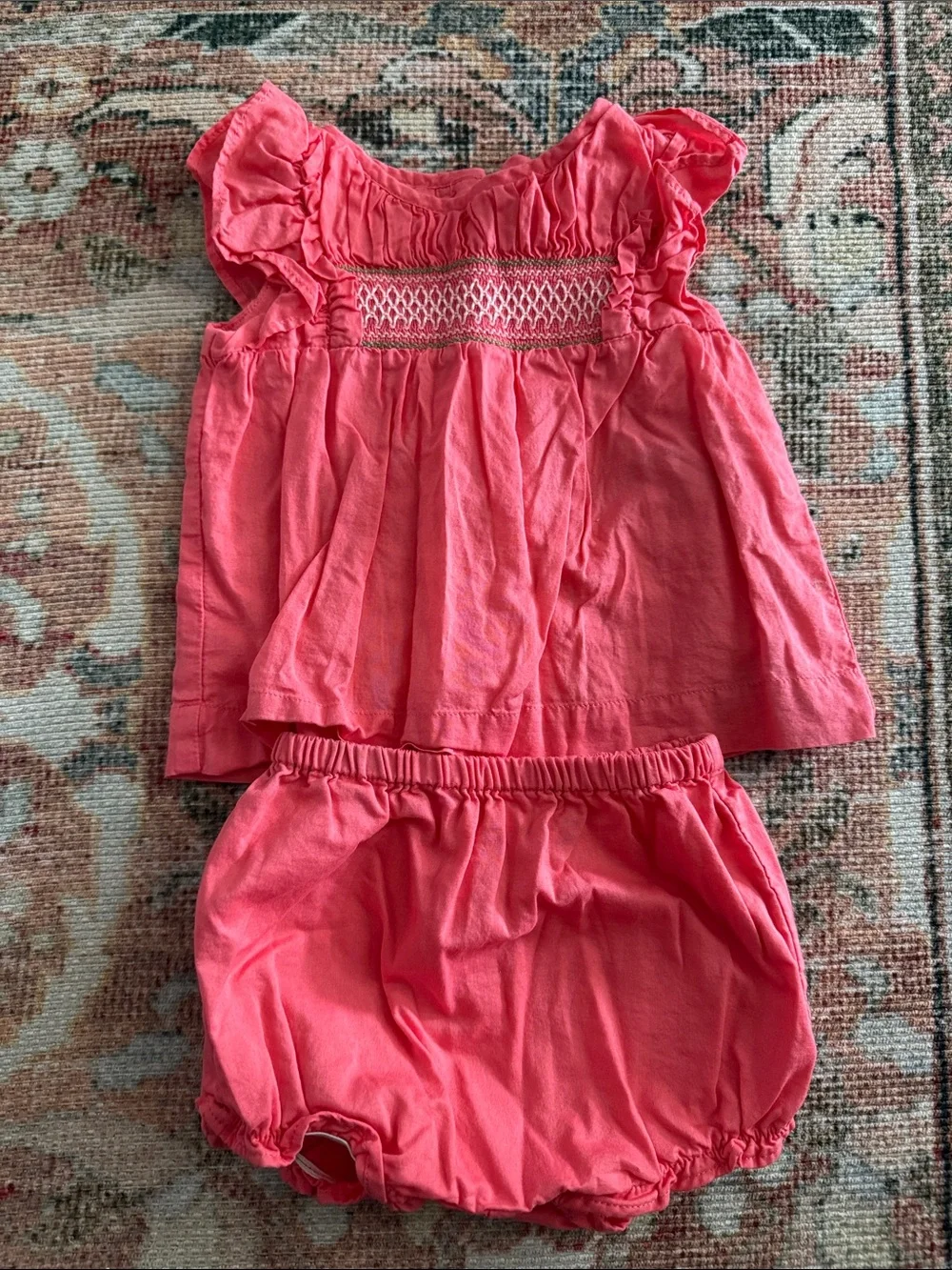 Janie & Jack Coral Pink Baby Two-Piece Set - Smocked Top & Bloomers
